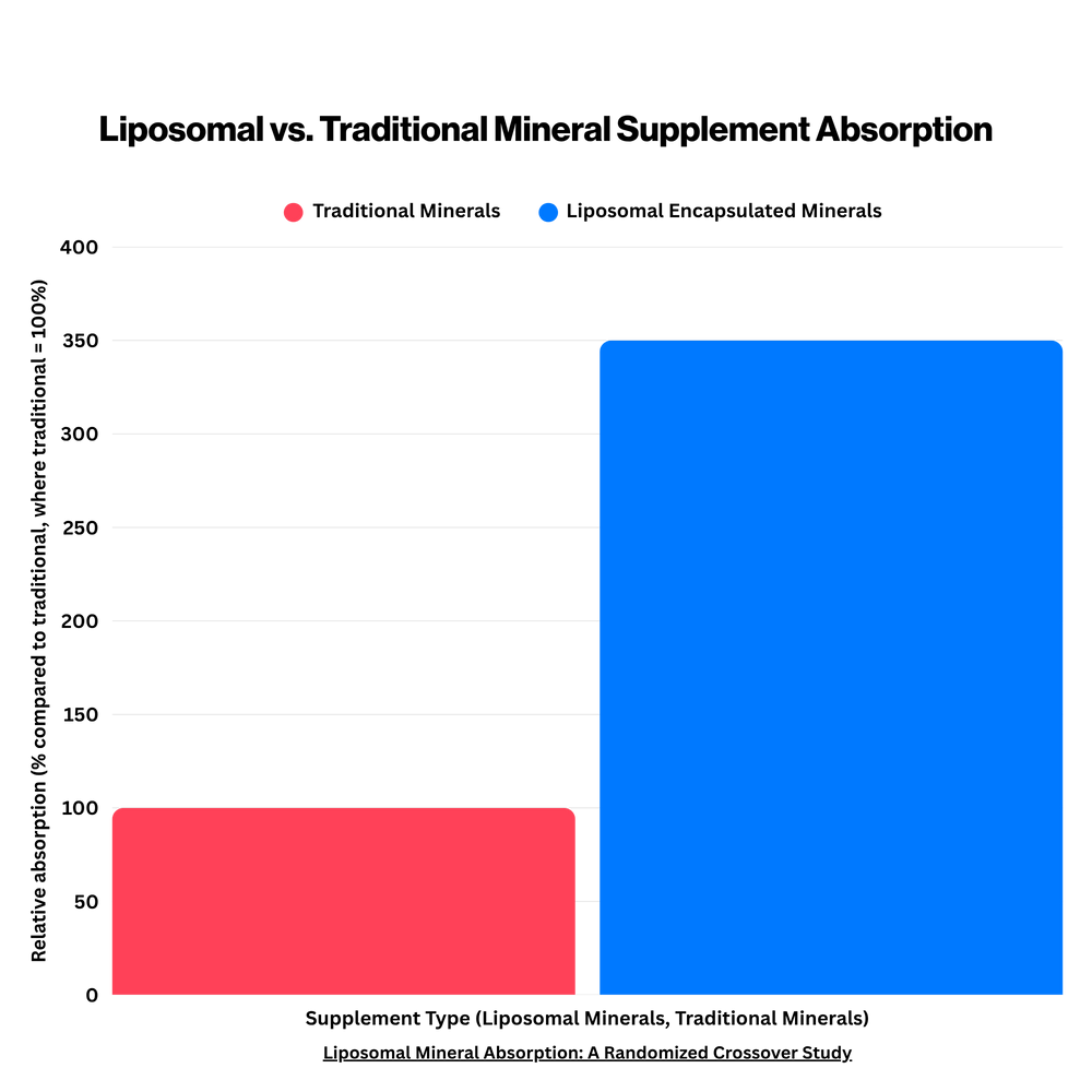 Liposomal MVM [multivitamin/mineral] showed larger changes from baseline than standard MVM at 4 hours (p = 0.0001). The lower volume of distribution for the liposomal MVM suggests greater clearance and absorption compared with standard MVM.